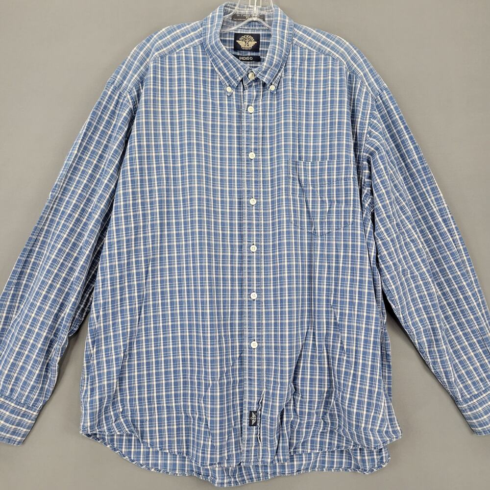 Dockers Blue Indigo Plaid Button Down Classic Long Sleeves Logo Mens Size XL Top
